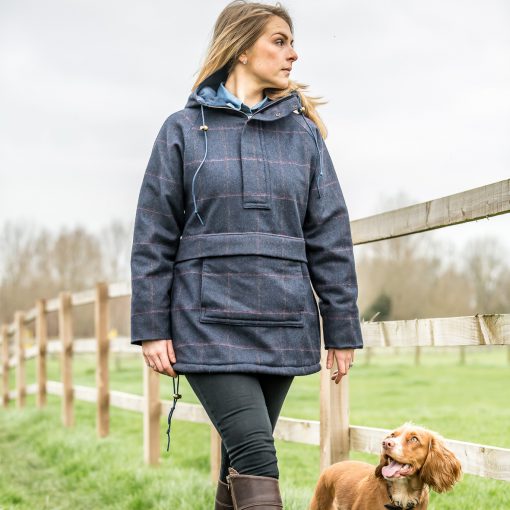 Bridie pictured in our Roberta smock - navy check colour option